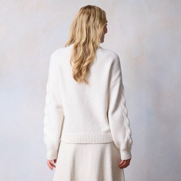 Women's LC Lauren Conrad Sweater Size Large White Cream Cable Knit Crewneck - Picture 2 of 13